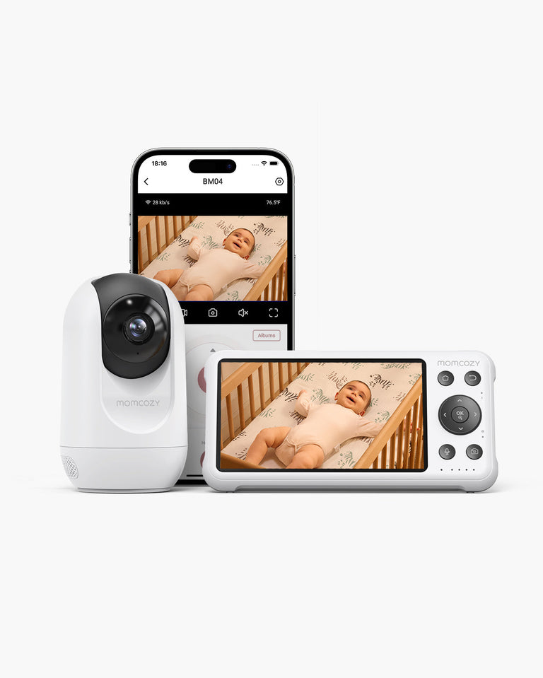 Translation missing: en.Momcozy BM04 5-inch Dual-mode Smart Baby Monitor showing baby in crib, includes monitor, phone screen, and camera unit