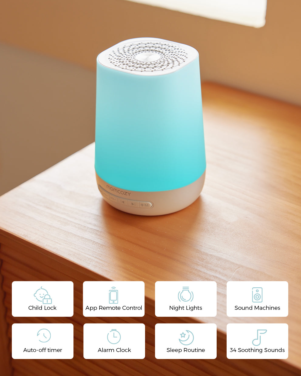 Momcozy Smart Baby Sound Machine with app remote control, blue night light, child lock, and soothing sound options