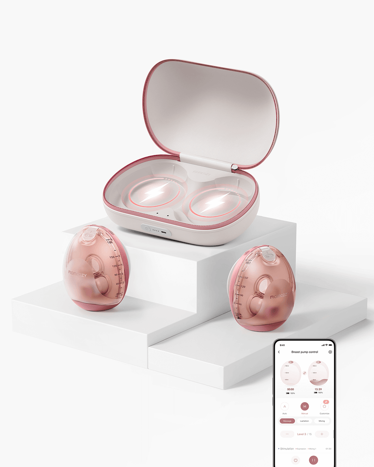 Translation missing: en.Momcozy Air 1 ultra-slim breast pumps in rose gold with charging case and app control on smartphone, product display