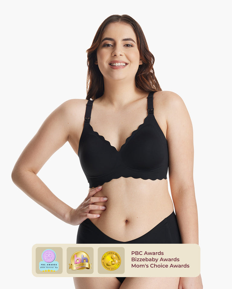 Translation missing: en.Black Jelly Strip Seamless Nursing Bra YN46, scalloped. Worn by woman, features PBC, Bizzebaby, Mom's Choice awards